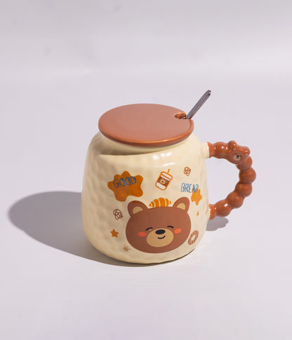 كوب قهوة سيراميك برسمة الدب والخبز مع ملعقة وغطاء