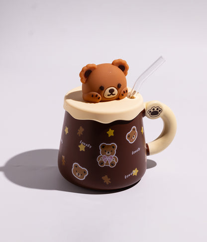 كوب سيراميك بتصاميم دببة مع غطاء ومزاز
