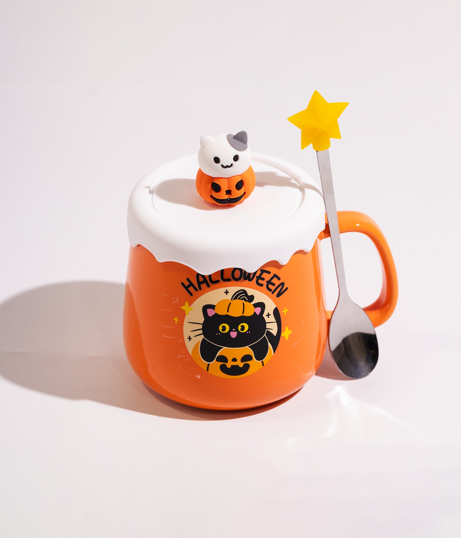 كوب سيراميك برتقالي بتصميم شبح الهالويين مع غطاء وملعقة