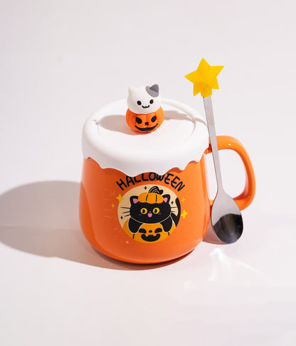 كوب سيراميك برتقالي بتصميم شبح الهالويين مع غطاء وملعقة