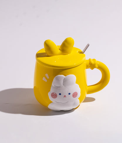 كوب سيراميك برسمة أرنب لطيف بغطاء مرح وملعقة