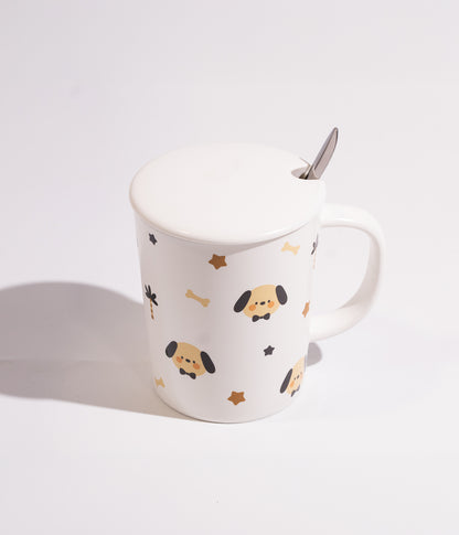 كوب سيراميك مزين بحيوانات الغابة مع غطاء وملعقة