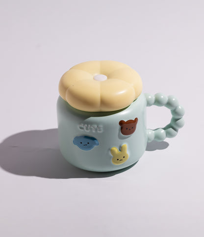 كوب سيراميك بتصميم مجسم دببة وارانب مع غطاء على شكل وردة لحفظ المشروبات