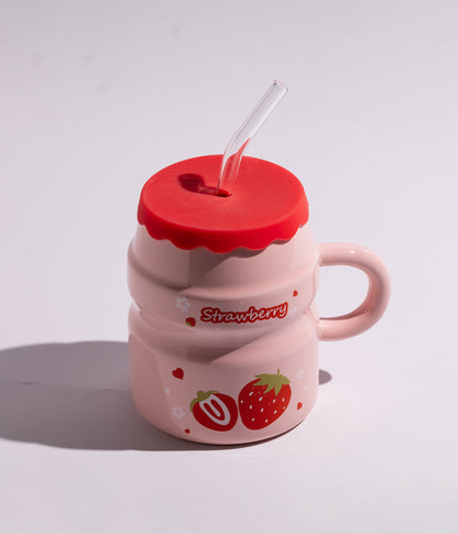 كوب سيراميك بتصميم فواكه مع غطاء ومزاز لسهولة الشرب