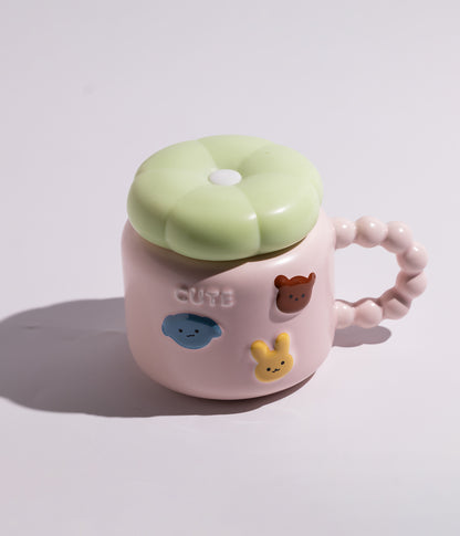 كوب سيراميك بتصميم مجسم دببة وارانب مع غطاء على شكل وردة لحفظ المشروبات