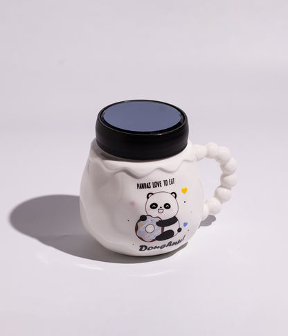 كوب سيراميك برسومات دونات وباندا مع غطاء محكم الاغلاق