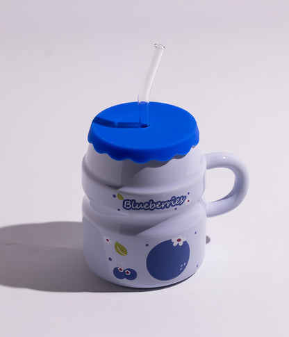 كوب سيراميك بتصميم فواكه مع غطاء ومزاز لسهولة الشرب