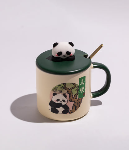 كوب سيراميك برسومات باندا في الغابة مع غطاء وملعقة