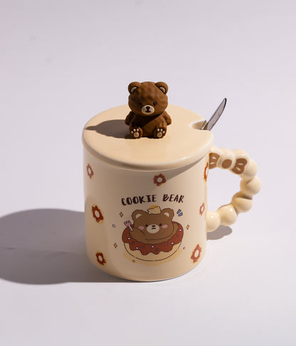 كوب قهوة سيراميك بتصميم دببة ومجسم دب على الغطاء مع ملعقة