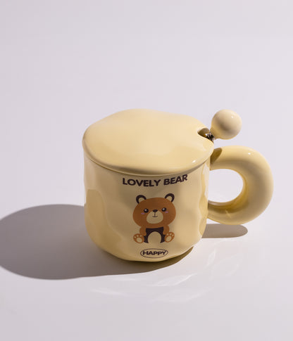 كوب سيراميك برسومات مختلفة مع غطاء وملعقة