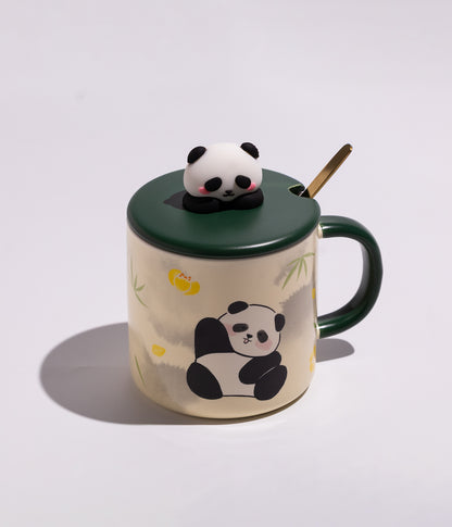 كوب سيراميك برسومات باندا في الغابة مع غطاء وملعقة