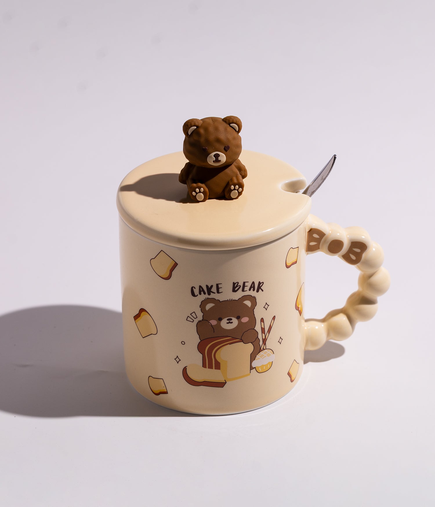 كوب قهوة سيراميك بتصميم دببة ومجسم دب على الغطاء مع ملعقة
