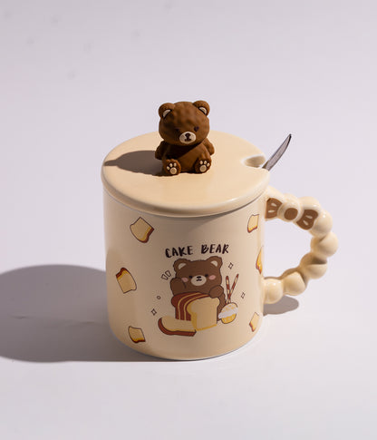 كوب قهوة سيراميك بتصميم دببة ومجسم دب على الغطاء مع ملعقة