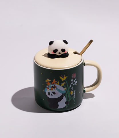 كوب سيراميك برسومات باندا في الغابة مع غطاء وملعقة
