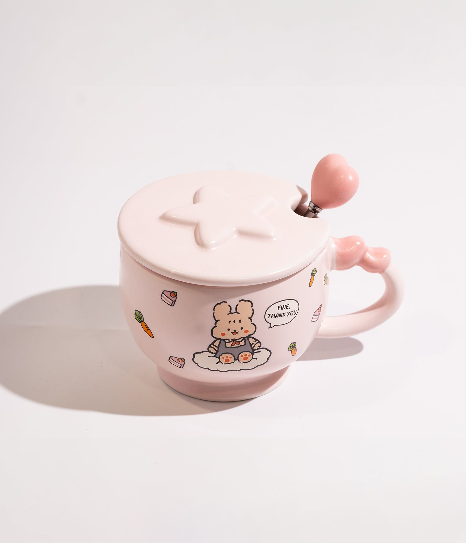 كوب سيراميك برسمة دب وارنب لطيف مع غطاء وملعقة