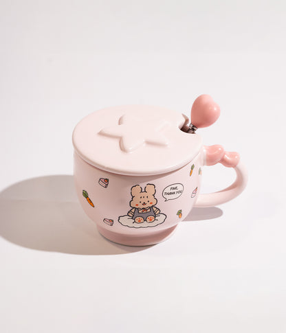 كوب سيراميك برسمة دب وارنب لطيف مع غطاء وملعقة
