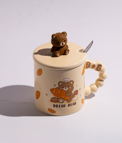 كوب قهوة سيراميك بتصميم دببة ومجسم دب على الغطاء مع ملعقة