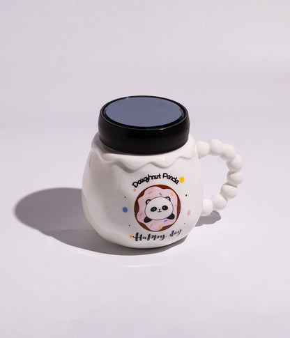 كوب سيراميك برسومات دونات وباندا مع غطاء محكم الاغلاق