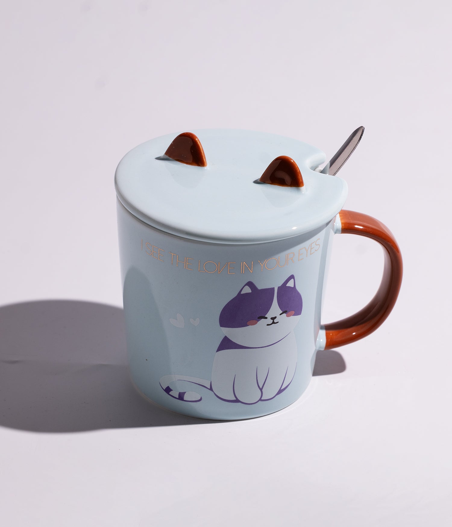 كوب سيراميك بتصميم القطة المرحة مع اغطاء بأذنين وملعقة