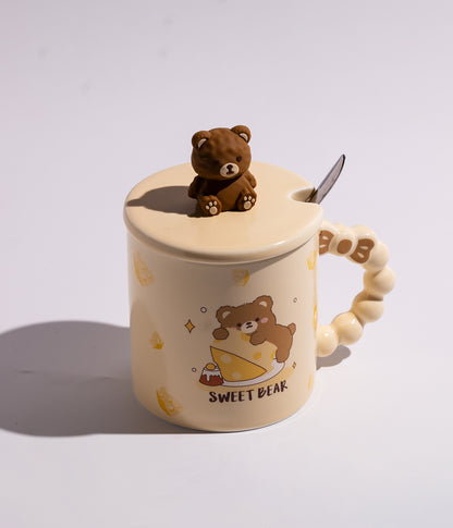 كوب قهوة سيراميك بتصميم دببة ومجسم دب على الغطاء مع ملعقة