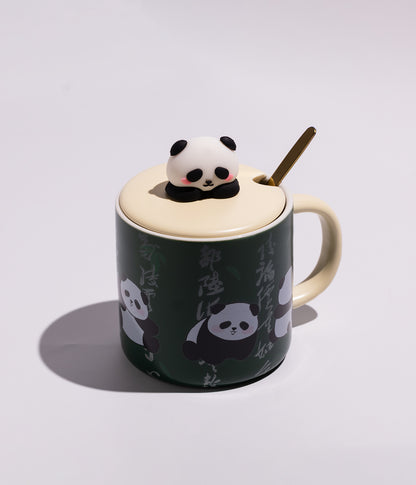 كوب سيراميك برسومات باندا في الغابة مع غطاء وملعقة
