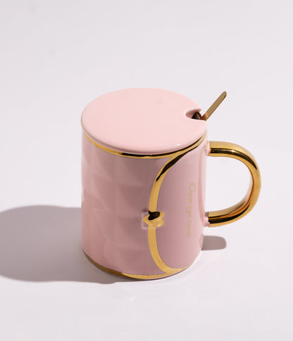 كوب سيراميك بتصميم رسالة مع خطوط ذهبية بغطاء وملعقة