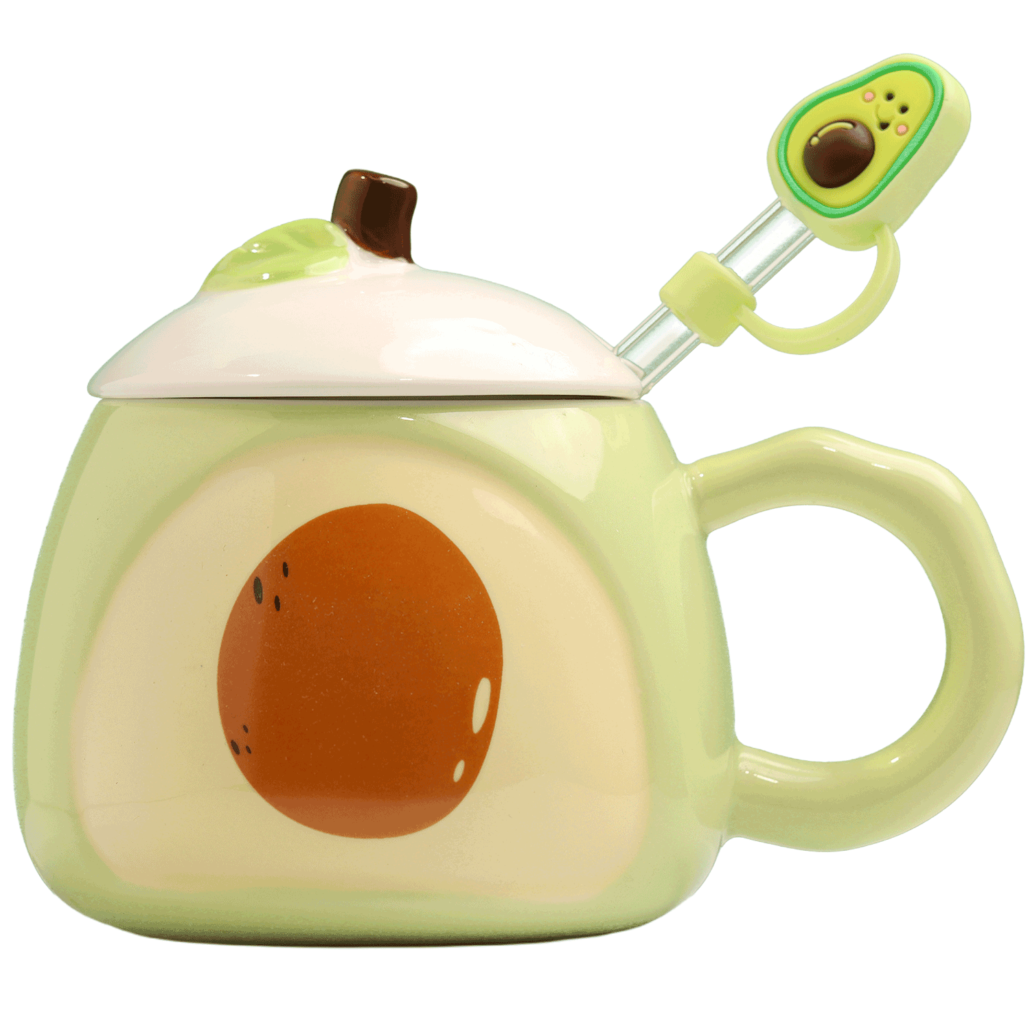 Avocado Design Ceramic Mug with Lid and Straw
