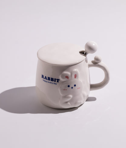 كوب سيراميك بتصميم أرنب مع غطاء وملعقة