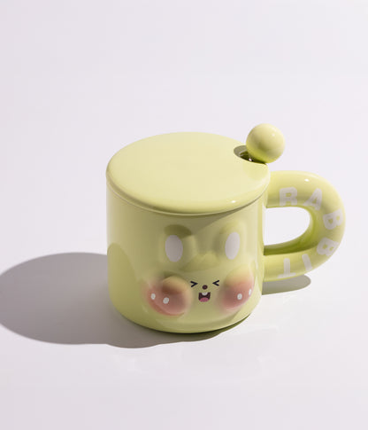 كوب سيراميك بتصميم وجه أرنب مع غطاء وملعقة