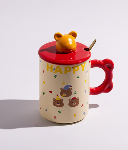 كوب سيراميك برسومات ومجسم رأس الدب على الغطاء مع ملعقة