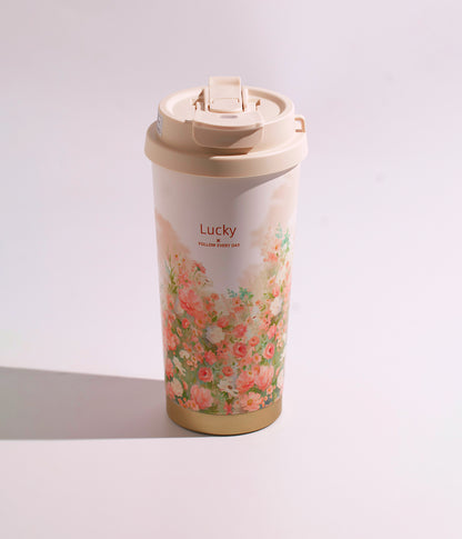 كوب حراري سيراميكي بزهور ملونة أنيقة وفنية مع غطاء محكم