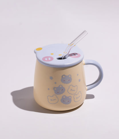 كوب سيراميك بتصميم دببة مرحة بغطاء ومزاز لسهولة الشرب