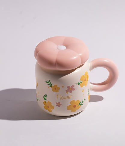 كوب سيراميك بتصميم ورود ملونة مع غطاء لحفظ المشروبات