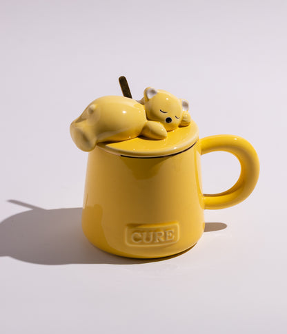 كوب سيراميك بتصميم مجسم دب على الغطاء مع ملعقة