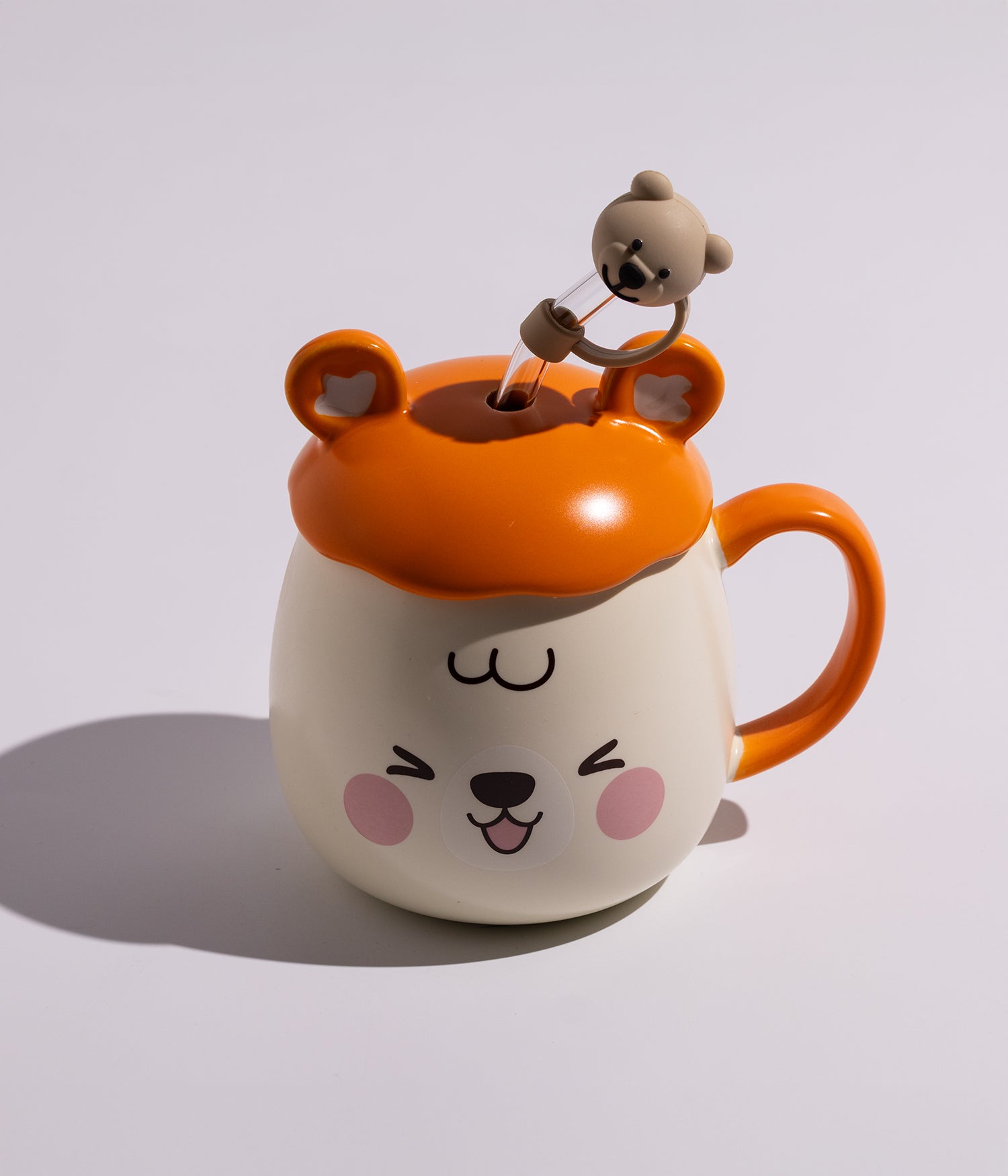 كوب سيراميك بتصميم وجه الدب مع غطاء ومزاز