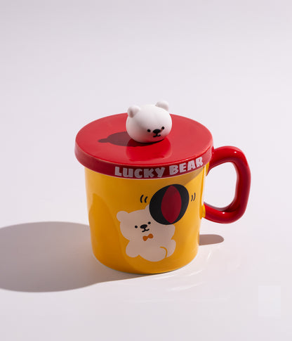 كوب سيراميك بتصميم مجسم رأس الدب على الملعقة مع غطاء