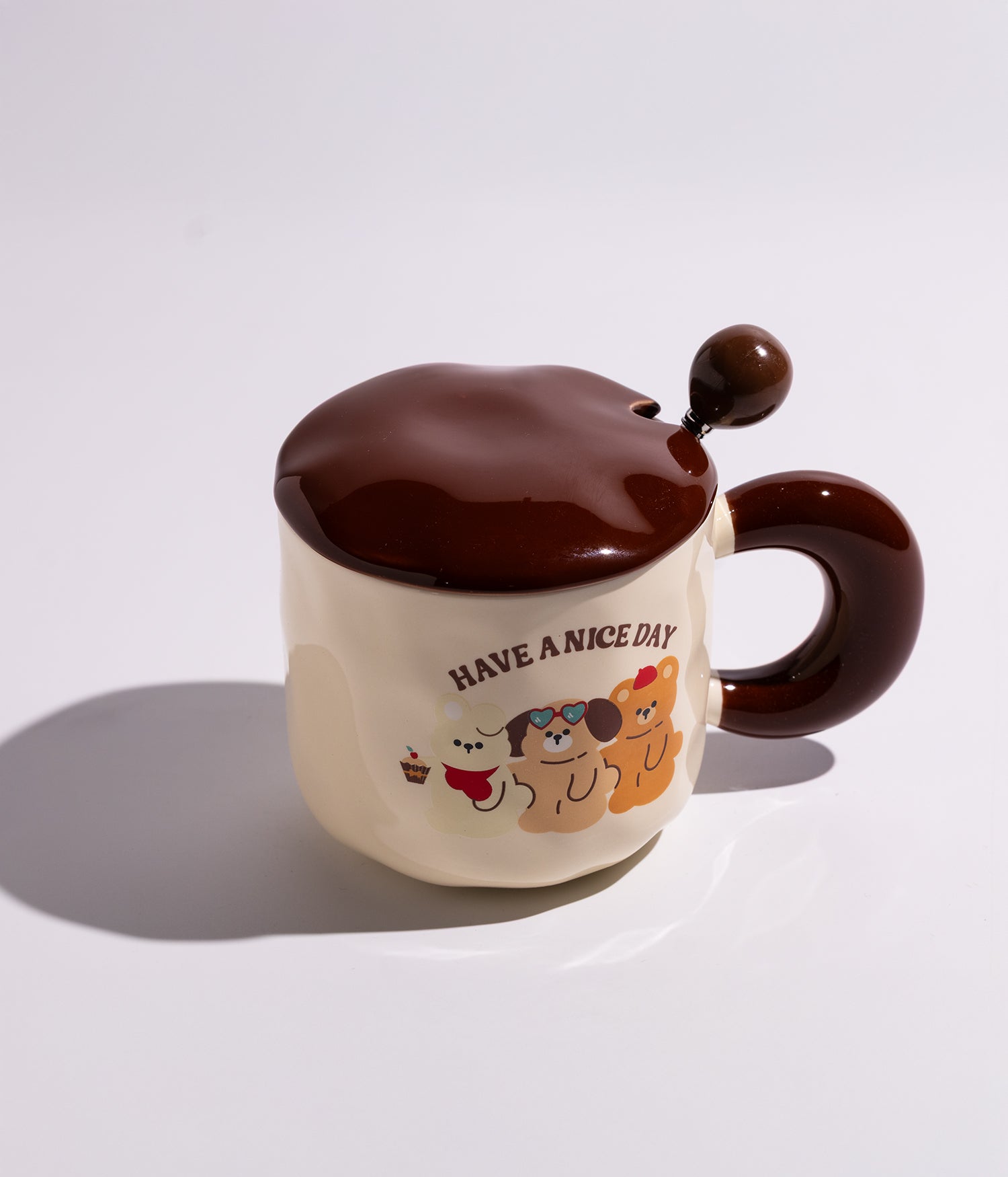 كوب سيراميك بتصميم حيوانات لطيفة مع غطاء وملعقة