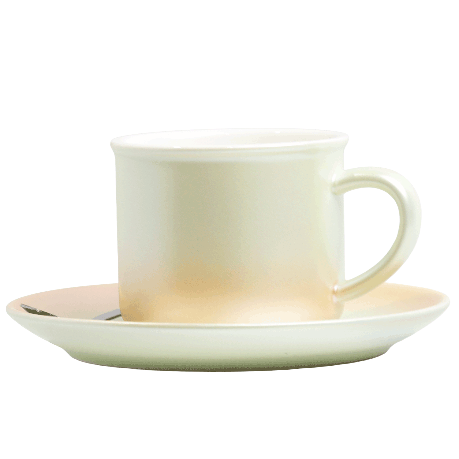 White and orange gradient ceramic cup with saucer and spoon
