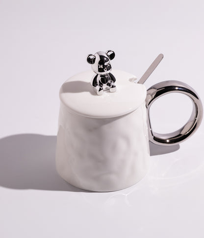 كوب سيراميك بمجسم دب ميتاليك على الغطاء مع ملعقة