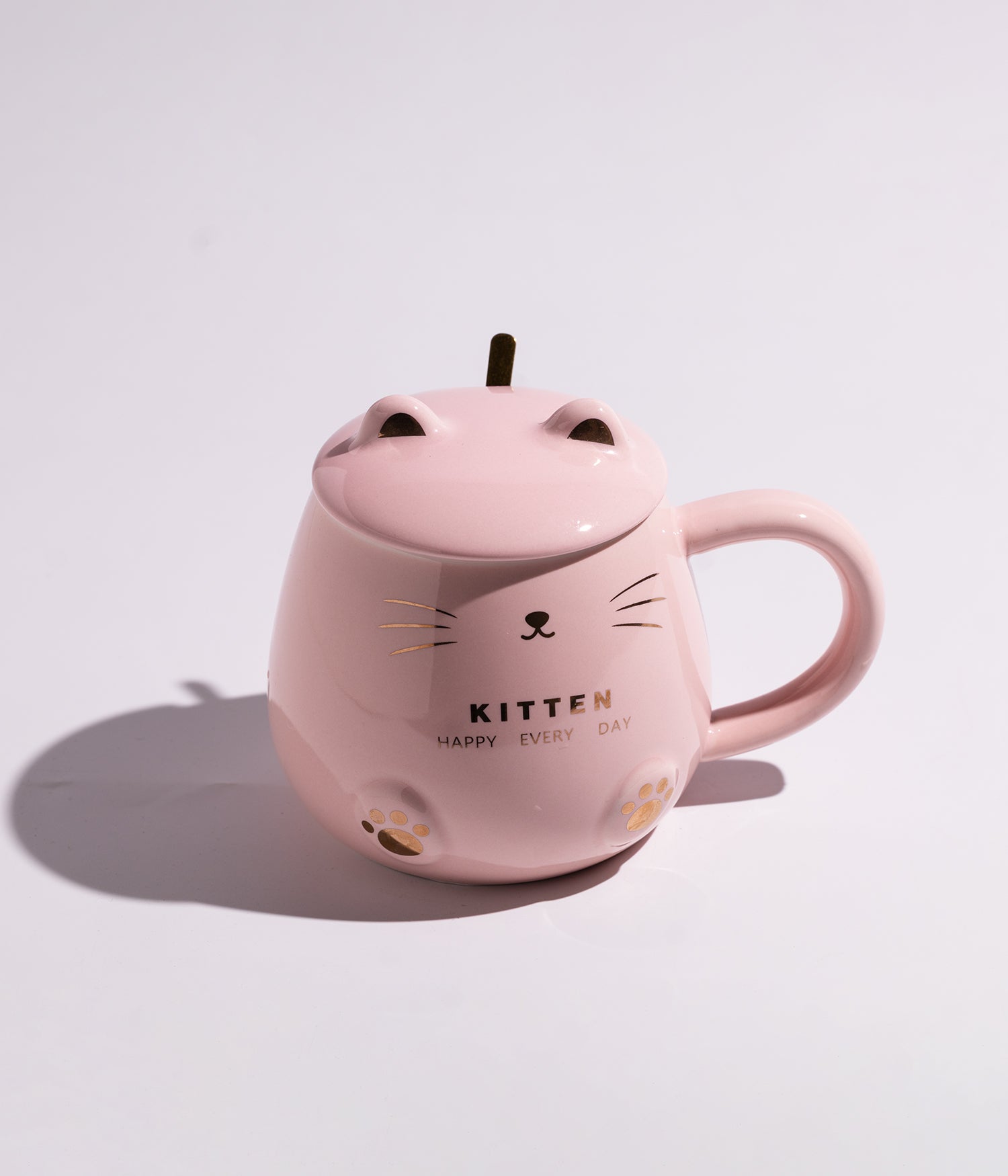 كوب سيراميك بتصميم وجه القطط المرحة مع غطاء بأذنين وملعقة ذهبية