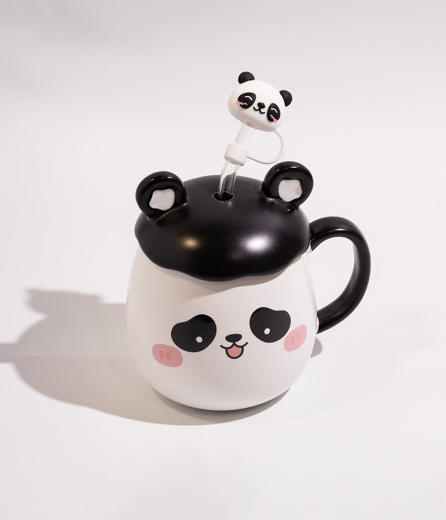 كوب قهوة سيراميك بتصميم باندا وغطاء أذنين بارز مع مزاز