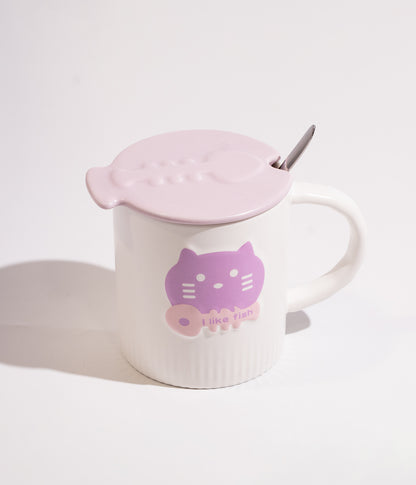 كوب سيراميك بتصميم قطة وسمكة مزود بملعقة وغطاء