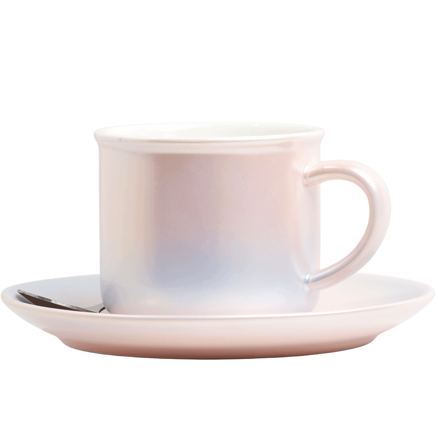 Blue and pink gradient ceramic cup with saucer and spoon