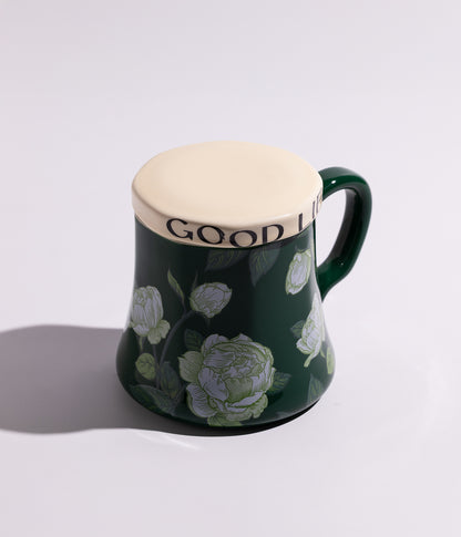 كوب سيراميك بتصميم ورود خضراء مع غطاء حافظ للحرارة