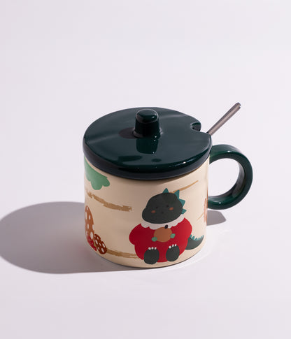 كوب ييراميك بتصميم حيوانات الغابة مع غطاء وملعقة