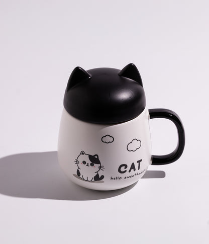 كوب سيراميك بتصميم قطة مرحة مع غطاء عليه أذنين