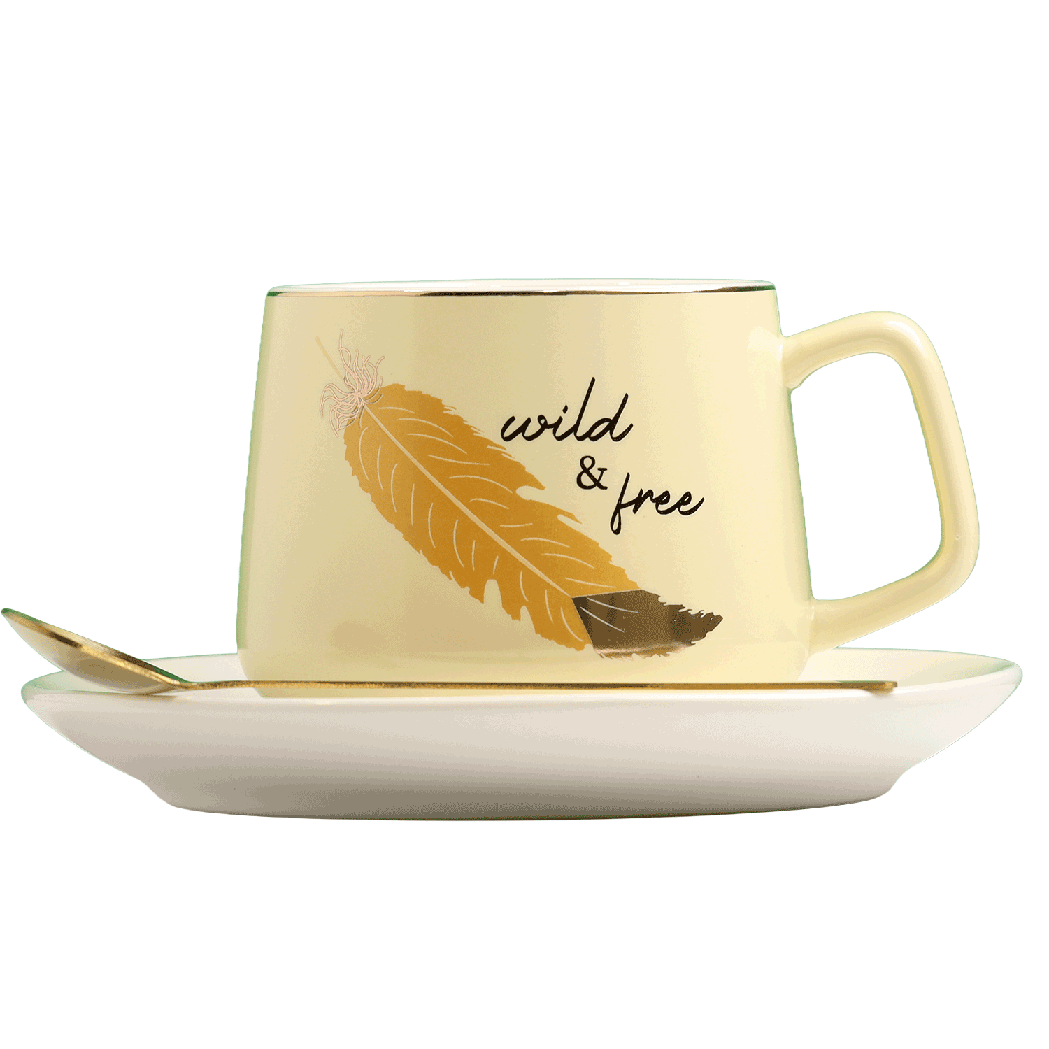 Ceramic mug with golden feather and wild and free cap design with base and spoon