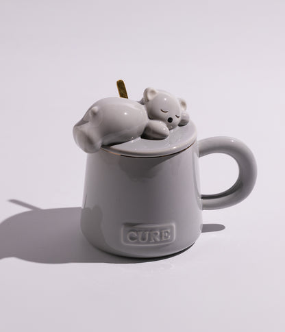كوب سيراميك بتصميم مجسم دب على الغطاء مع ملعقة