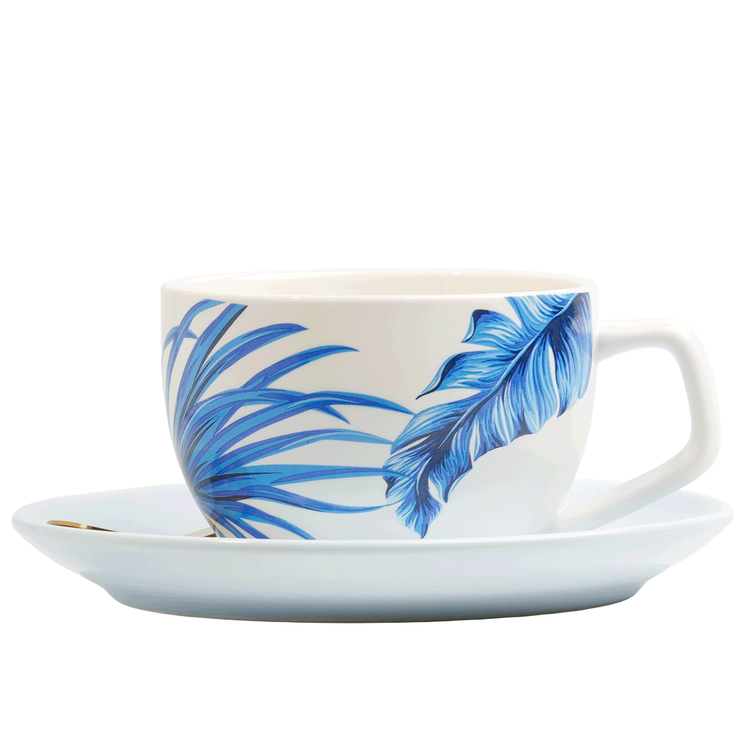 Blue Tropical Feather Design Ceramic Mug with Saucer and Spoon