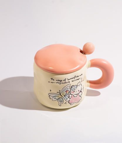 كوب سيراميك بتصميم فتاة الفراشة وملعقة وغطاء لحفظ الحرارة